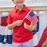 Little English traditional children's clothing. Classic boys red and blue Patriotic Plaid shorts for 4th of July
