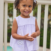 Little English traditional children's clothing. Lavender stripe seersucker diaper set with sea shell applique for baby girls for spring