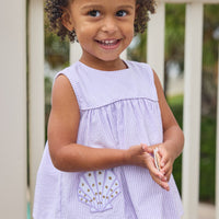 Little English traditional children's clothing. Lavender stripe seersucker diaper set with sea shell applique for baby girls for spring