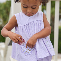 Little English traditional children's clothing. Lavender stripe seersucker diaper set with sea shell applique for baby girls for spring