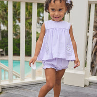 Little English traditional children's clothing. Lavender stripe seersucker diaper set with sea shell applique for baby girls for spring