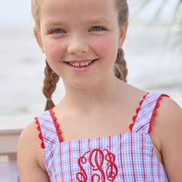 Little English traditional children's clothing. Patriotic red and blue plaid dress for little girls. Fourth of July outfit for little girls