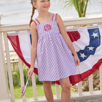 Little English traditional children's clothing. Patriotic red and blue plaid dress for little girls. Fourth of July outfit for little girls