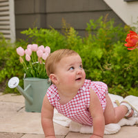 Little English traditional children's clothing. Red windowpane bubble for baby boys