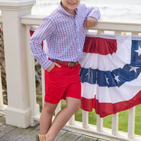 Little English traditional children's clothing. Blue and red Patriotic Plaid button down shirt for boys. 4th of July shirt for boys