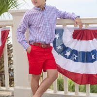 Little English traditional children's clothing. Blue and red Patriotic Plaid button down shirt for boys. 4th of July shirt for boys