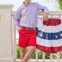 Little English traditional children's clothing. Blue and red Patriotic Plaid button down shirt for boys. 4th of July shirt for boys