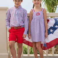 Little English traditional children's clothing. Patriotic red and blue plaid dress for little girls. Fourth of July outfit for little girls
