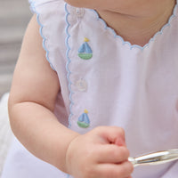 Little English Classic davis day set with embroidered sailboats and buttons running down front right side, for baby