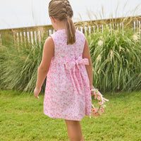 Little English traditional children's clothing. Azalea pink floral sleeveless dress for toddler girls
