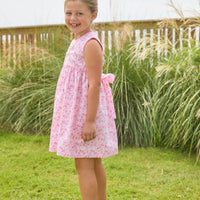 Little English traditional children's clothing. Azalea pink floral sleeveless dress for toddler girls