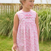 Little English traditional children's clothing. Azalea pink floral sleeveless dress for toddler girls