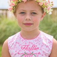 Little English traditional children's clothing. Azalea pink floral sleeveless dress for toddler girls