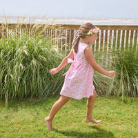 Little English traditional children's clothing. Azalea pink floral sleeveless dress for toddler girls