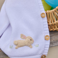 Little English Classic crochet cardigan featuring wooden buttons down front and crochet bunny motifs, for little boy or girl
