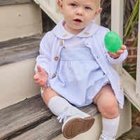 Little English classic crochet cardigan featuring wooden buttons down front and crochet bunny motifs, saratoga bubble set with bunny motifs on collar, for little boy