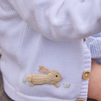 Little English classic crochet cardigan featuring wooden buttons down front and crochet bunny motifs, saratoga bubble set with bunny motifs on collar, for little boy