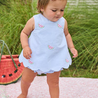 Little English traditional children's clothing. Blue gingham set for baby girls with scallop bow back top with all-over watermelon embroidery and coordinating ruffled bloomer