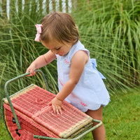 Little English traditional children's clothing. Blue gingham set for baby girls with scallop bow back top with all-over watermelon embroidery and coordinating ruffled bloomer