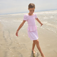 Little English classic isla top in jaipur pink with smocked details, isla skirt in jaipur pink, for little girl