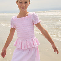 Little English classic isla top in jaipur pink with smocked details, isla skirt in jaipur pink, Leela dress with tie shoulders in jaipur pink, for little girls