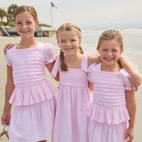 Little English classic leela dress in jaipur pink with smocked details and self tie shoulder straps, for little girl