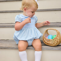 Little English classic smocked emery bubble in light blue with white detailing, smocking around chest, tieable in back, for little girl