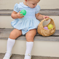 Little English classic smocked emery bubble in light blue with white detailing, smocking around chest, tieable in back, for little girl
