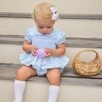 Little English classic smocked emery bubble in light blue with white detailing, smocking around chest, tieable in back, for little girl