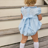 Little English classic smocked emery bubble in light blue with white detailing, smocking around chest, tieable in back, for little girl