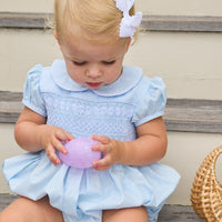 Little English classic smocked emery bubble in light blue with white detailing, smocking around chest, tieable in back, for little girl