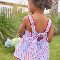 Little English traditional children's clothing. Patriotic red and blue plaid two-piece set for baby girls. Tank top with red ricrac trim and matching ruffled bloomers. 4th of July outfit for baby girls