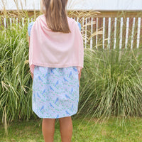 Little English traditional children's clothing. Light blue dress with blue bird and cherry blossom print for little girls