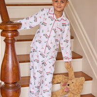 little english classic children's clothes, boys wagoneer pajama set with a cream background and red piping