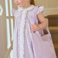 Little English traditional children's clothing. Classic dress for toddler girls in lavender stripe seersucker with peter pan collar and ballet slipper embroidery