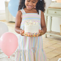 Little English traditional children's clothing. Rainbow stripe seersucker dress for little girls