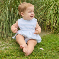 Little English traditional children's clothing. Light blue and white striped sleeveless bubble for baby boy for Summer