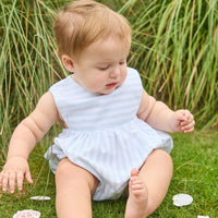 Little English traditional children's clothing. Light blue and white striped sleeveless bubble for baby boy for Summer
