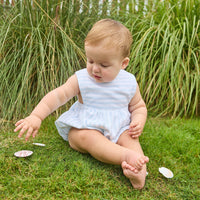 Little English traditional children's clothing. Light blue and white striped sleeveless bubble for baby boy for Summer