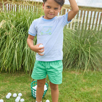 Little English traditional children's clothing. Boy's classic light blue and white striped knit t-shirt with golf cart applique