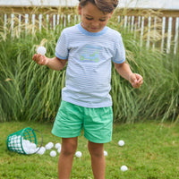 Little English traditional children's clothing. Boy's classic light blue and white striped knit t-shirt with golf cart applique