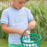 Little English traditional children's clothing. Boy's classic light blue and white striped knit t-shirt with golf cart applique