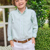 Little English traditional children's clothing. Soft green and white Savanna Stripe button down shirt for boys