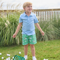 Little English traditional children's clothing. Boy's green twill shorts with golf cart print