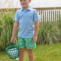 Little English traditional children's clothing. Boy's green twill shorts with golf cart print
