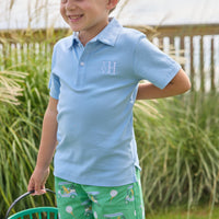 Little English traditional children's clothing. Boy's green twill shorts with golf cart print