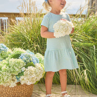 Little English Classic T-shirt dress in green, blue, and white greenview stripe, for little girl