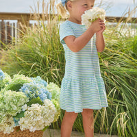 Little English Classic T-shirt dress in green, blue, and white greenview stripe, for little girl