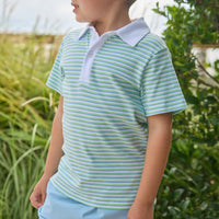 Little English classic short sleeve polo in green, blue, and white greenview stripe for little boy
