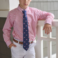 Little English traditional children's clothing. Red Windowpane button down shirt for boys.